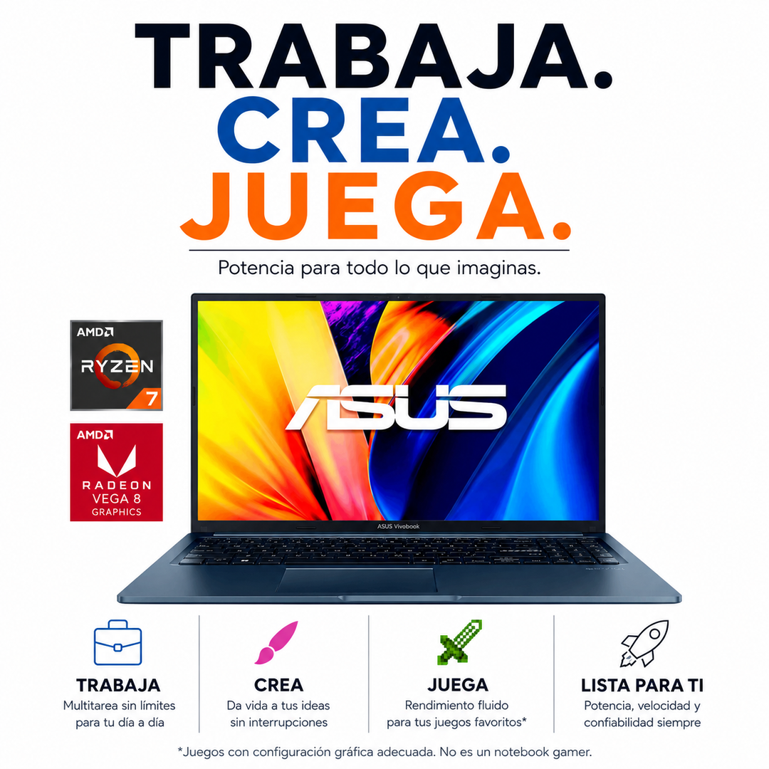Notebook ASUS VivoBook 15 M1502YA-NJ741W (Pantalla 15.6" FHD, AMD Ryzen 7 7730U + AMD Radeon Vega 8, 16GB DDR4, 512GB SSD, Teclado Español, Wi-Fi, Windows 11 Home) Reacondicionado