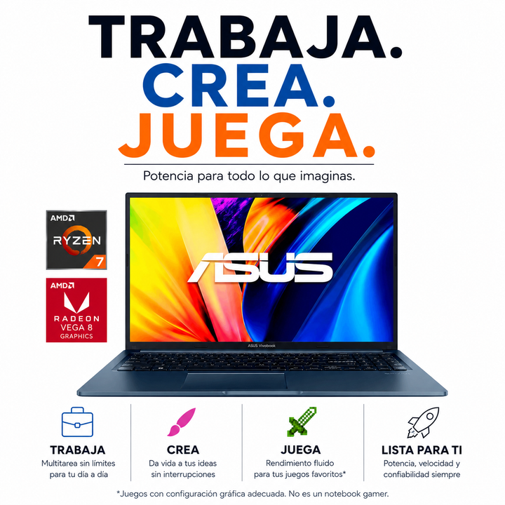 Notebook ASUS VivoBook 15 M1502YA-NJ741W (Pantalla 15.6" FHD, AMD Ryzen 7 7730U + AMD Radeon Vega 8, 16GB DDR4, 512GB SSD, Teclado Español, Wi-Fi, Windows 11 Home) Reacondicionado
