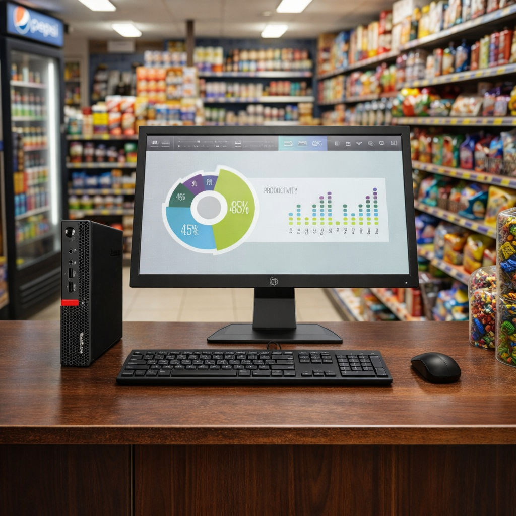 Combo Punto de Venta 06: PC Tiny Lenovo M910q Reacondicionado + Monitor 19,5″ HP P204V Nuevo + Teclado y Mouse Utek UT-KTD250