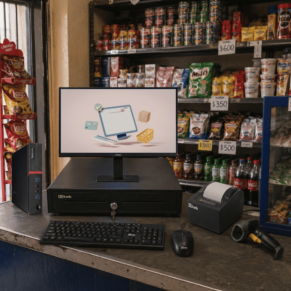 Combo Punto de Venta 07: PC Tiny Lenovo ThinkCentre M910q + Monitor Samsung 22" S3 S30GD + Impresora Térmica Utek + Lector CB Inalámbrico + Gaveta de Dinero + Teclado y Mouse USB