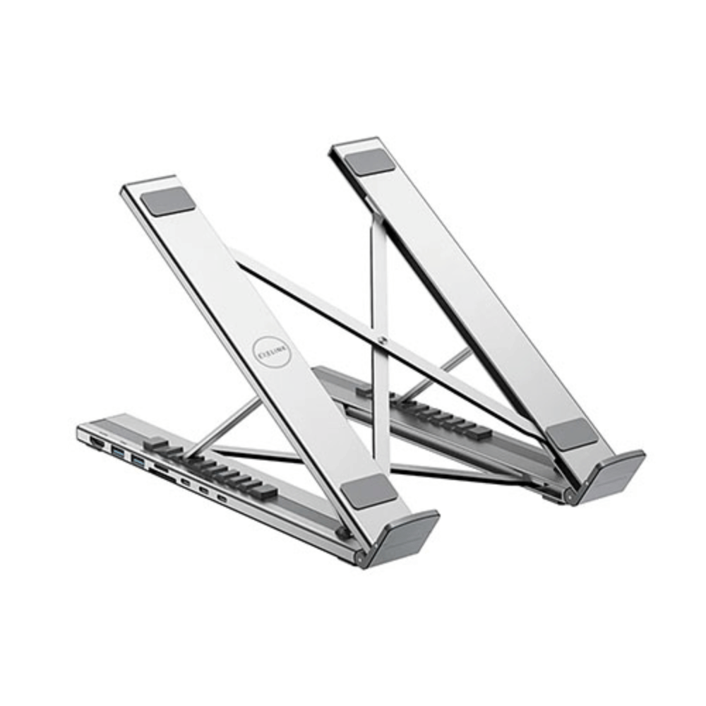 Base Plegable Aluminio con Docking Exelink HUB-M57 (10 Niveles, HDMI 4K 60Hz, 2×USB-A, Lector SD/MicroSD, USB-C PD 100W)
