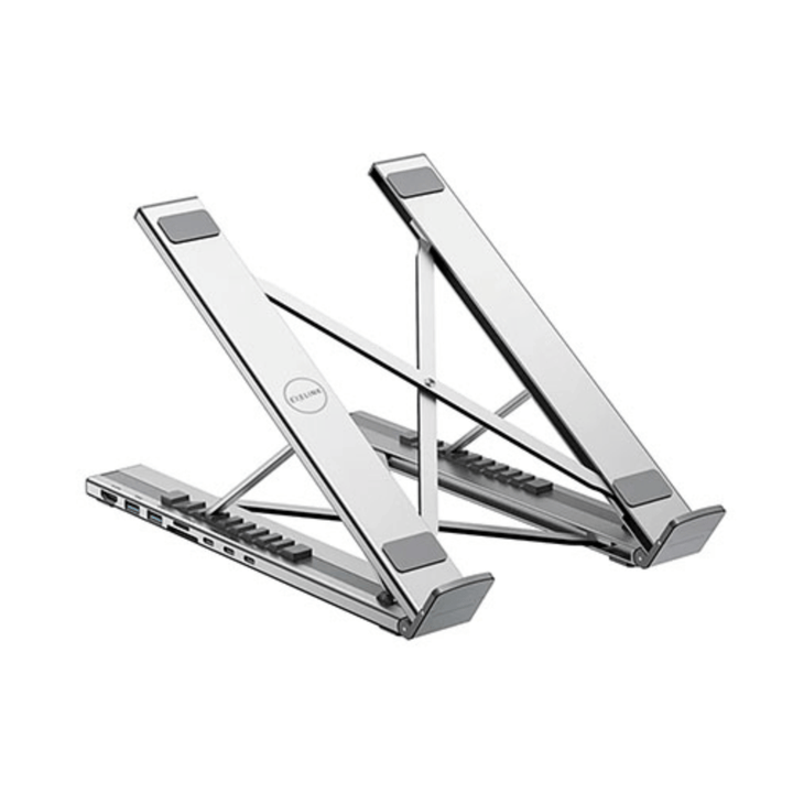 Base Plegable Aluminio con Docking Exelink HUB-M57 (10 Niveles, HDMI 4K 60Hz, 2×USB-A, Lector SD/MicroSD, USB-C PD 100W)