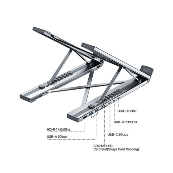 Base Plegable Aluminio con Docking Exelink HUB-M57 (10 Niveles, HDMI 4K 60Hz, 2×USB-A, Lector SD/MicroSD, USB-C PD 100W)