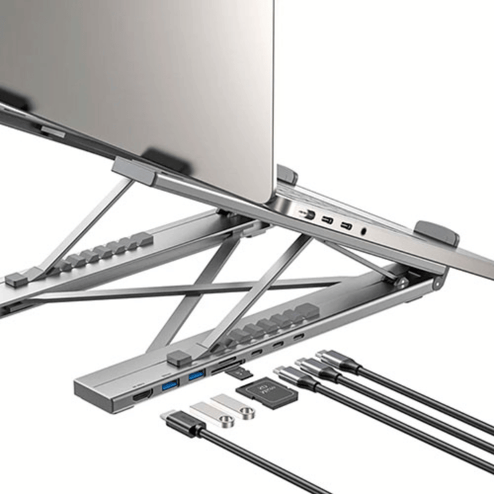 Base Plegable Aluminio con Docking Exelink HUB-M57 (10 Niveles, HDMI 4K 60Hz, 2×USB-A, Lector SD/MicroSD, USB-C PD 100W)