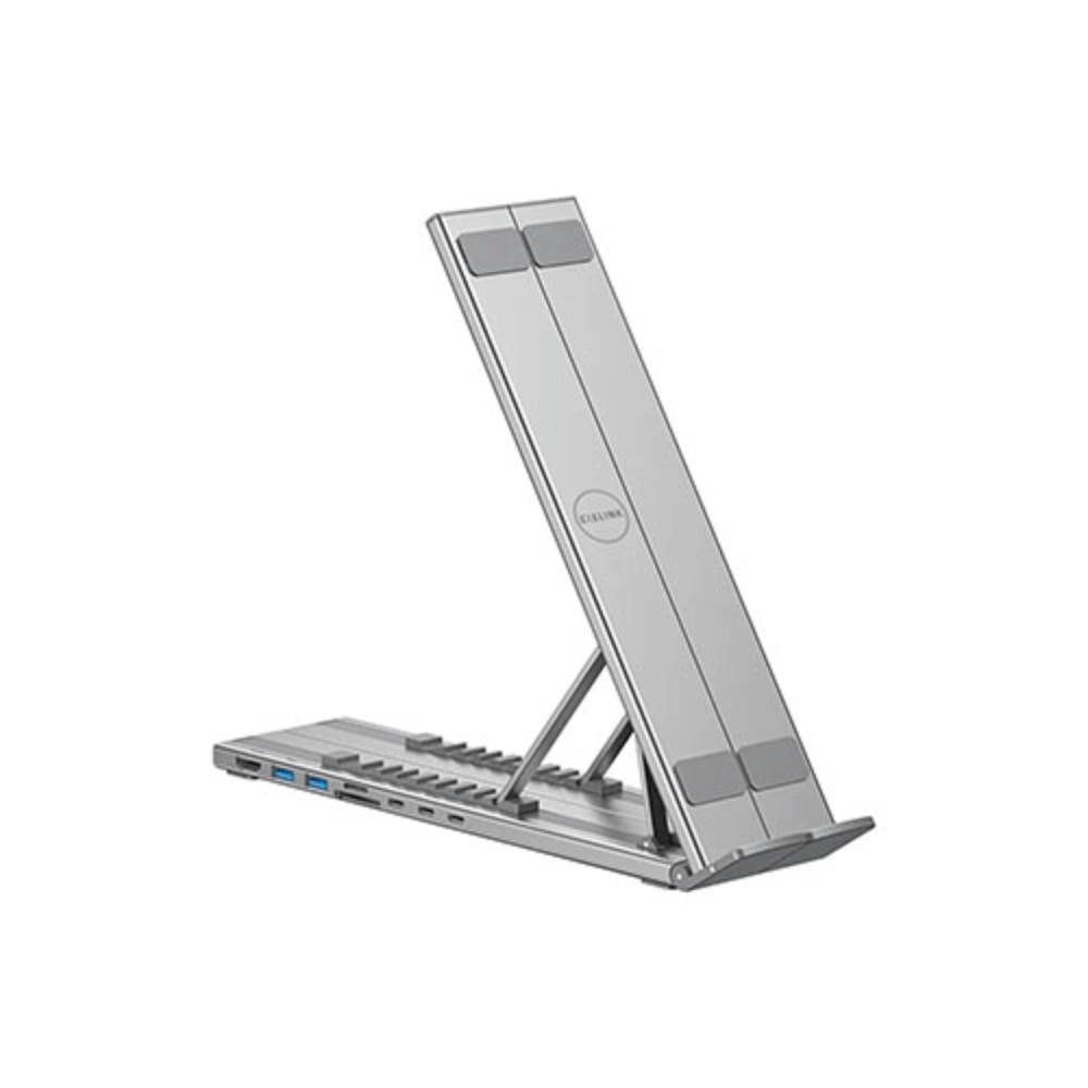 Base Plegable Aluminio con Docking Exelink HUB-M57 (10 Niveles, HDMI 4K 60Hz, 2×USB-A, Lector SD/MicroSD, USB-C PD 100W)
