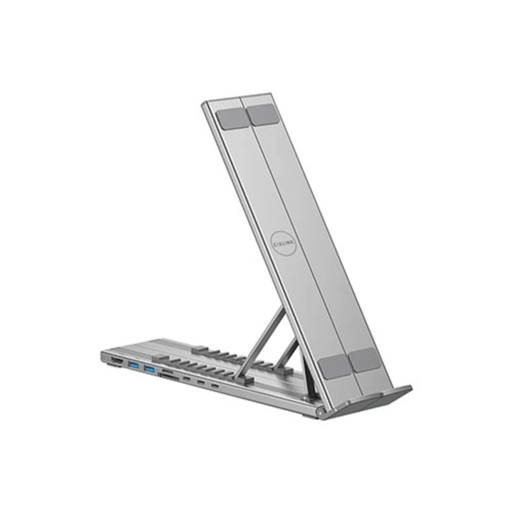 Base Plegable Aluminio con Docking Exelink HUB-M57 (10 Niveles, HDMI 4K 60Hz, 2×USB-A, Lector SD/MicroSD, USB-C PD 100W)