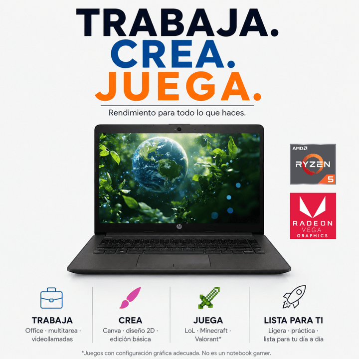 Notebook HP 245 G8 (Pantalla 14" HD, AMD Ryzen 5 5500U + Radeon Vega, 8GB DDR4, 256GB M.2, Teclado Español, Wi-Fi, Windows 11 Pro) Reacondicionado