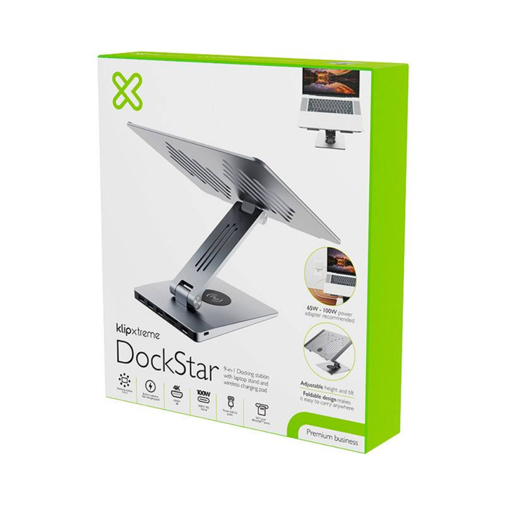 Soporte para Notebook con Docking Klip Xtreme KDA-500 (USB-C a HDMI 4K, 3× USB 3.0, Lector SD, USB-C PD 100W)