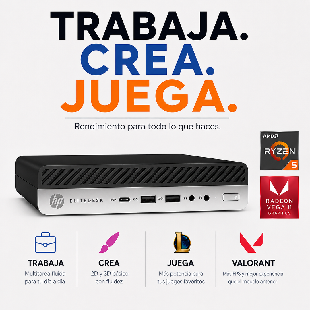 PC Tiny HP EliteDesk 705 G5 (AMD Ryzen 5 PRO 3400G + Radeon Vega 11, 8GB DDR4, 256GB M.2, Wi-Fi, Windows 11 Pro) Reacondicionado