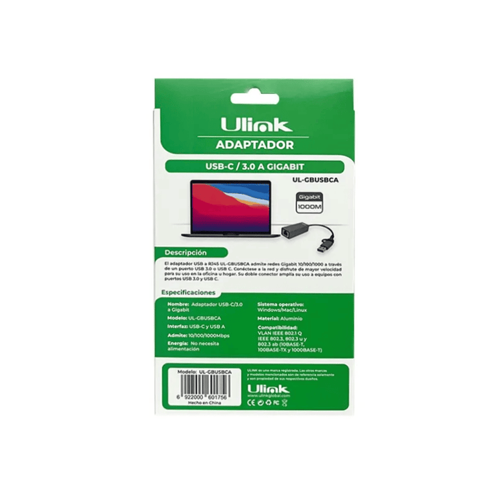 Adaptador Red Gigabit USB-C/USB-A Ulink UL-GBUSBCA