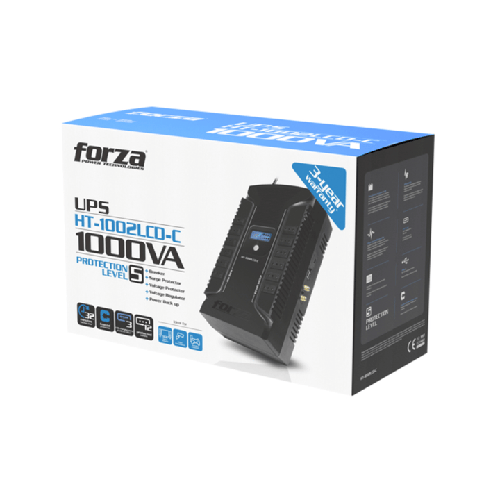 UPS Forza 1000VA/500W HT-1002LCD-C (12 Tomas 220V, LCD, USB, Protege PC, Monitor y Periféricos)